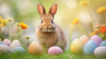 ai généré marron lapin avec coloré des œufs dans une floue Contexte. photo