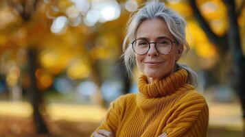 ai généré femme dans Jaune chandail et des lunettes photo