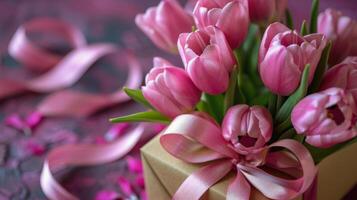 ai généré rose tulipes dans cadeau boîte avec rose banderoles photo