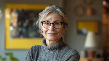 ai généré femme dans Jaune chandail et des lunettes photo