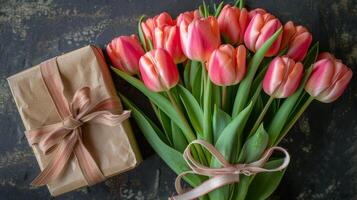 ai généré rose tulipes dans cadeau boîte avec rose banderoles photo