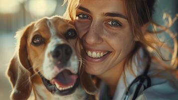 ai généré femme sourit étreindre chien photo