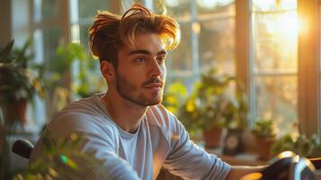 ai généré homme équitation vélo dans de face de fenêtre photo