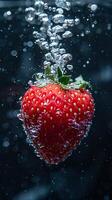 ai généré fermer une de mûr 1 fraise, avec l'eau gouttelettes, chute dans une Profond noir l'eau réservoir, sous-marin la photographie, contraste renforcement, Naturel lumière du soleil filtration par l'eau photo