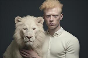 ai généré unique homme albinos et lion. produire ai photo