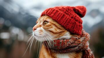 ai généré chat portant rouge chapeau à la recherche à caméra photo