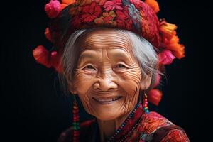 ai généré radiant souriant personnes âgées asiatique dame. produire ai photo