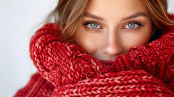 ai généré femme portant rouge écharpe proche en haut photo