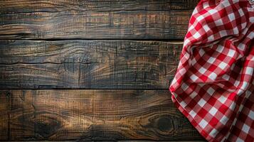 ai généré rouge et blanc à carreaux tissu sur en bois surface photo