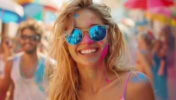 ai généré portrait de content Jeune femme couvert avec Couleur poudre célébrer Holi Festival photo