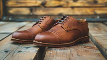 ai généré marron des chaussures sur en bois table photo