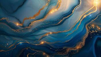 ai généré fluide bleu et or marbré abstrait Contexte. éthéré liquide marbre texture avec écoulement vagues et scintille. photo