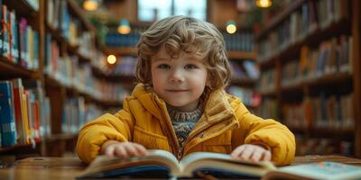 ai généré portrait de une mignonne peu garçon en train de lire une livre dans le bibliothèque. de bonne heure enfance éducation et l'alphabétisation concept. photo