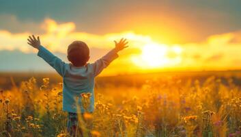 ai généré peu garçon permanent dans une champ de fleurs avec le sien bras élevé dans le air, profiter le le coucher du soleil. concept de liberté, bonheur, et la nature. photo