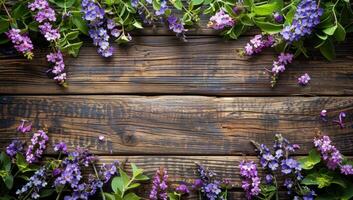 ai généré vibrant violet lilas fleurs sur rustique en bois Contexte. printemps floral frontière ou Cadre avec Frais épanouissement lilas et vert feuilles. concept de nature, jardinage, et saisonnier fleurs photo
