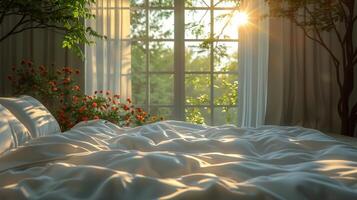 ai généré lit dans chambre suivant à fenêtre photo