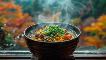 ai généré chinois chaud pot avec Viande et des légumes sur le rebord de fenêtre dans l'automne photo