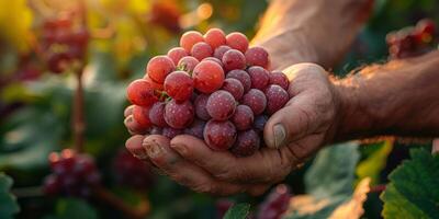 ai généré proche en haut de Masculin mains en portant bouquet de rouge les raisins dans vignoble photo