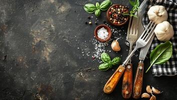 ai généré rustique cuisine Contexte avec Frais herbes, épices, et cuisine ustensiles. concept de en bonne santé, fait maison cuisine et nourriture préparation photo