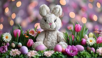 ai généré Pâques lapin entouré par coloré printemps fleurs et Pâques des œufs photo