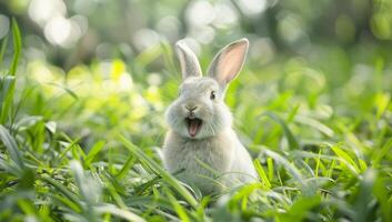 ai généré mignonne lapin sur vert herbe avec bokeh la nature Contexte. photo