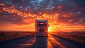 ai généré un camion conduite sur Autoroute vers ardent le coucher du soleil horizon. cargaison transport périple à travers vaste paysage. photo
