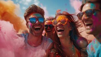 ai généré groupe de copains à le Festival de couleurs Holi photo