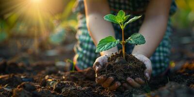 ai généré proche en haut de enfant mains en portant et plantation une petit vert semis dans sol avec chaud lumière du soleil dans le Contexte. concept de Nouveau vie, croissance, et environnement conservation. photo