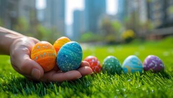 ai généré coloré Pâques des œufs dans main sur vert herbe avec ville Contexte photo