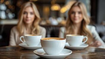 ai généré Trois tasses de café sur en bois table avec deux Jeune femmes copains bavardage dans café Contexte. concept de amitié, socialiser, et profiter breuvages ensemble. photo