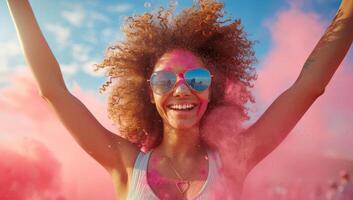 ai généré content Jeune femme avec frisé cheveux et des lunettes de soleil ayant amusement à Holi Festival photo