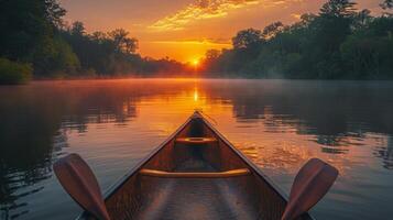 ai généré bateau voile sur rivière à le coucher du soleil photo