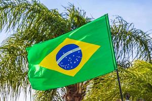 drapeau brésilien avec palmiers et fond de ciel bleu brésil.