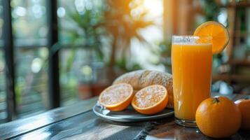 ai généré verre de Orange jus suivant à assiette de nourriture photo