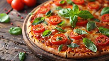 ai généré fermer de Pizza avec tomates et basilic photo