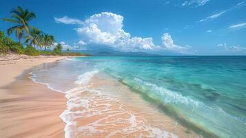 ai généré tropical plage avec paume des arbres et clair bleu l'eau photo