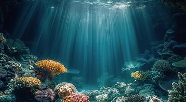 ai généré sous-marin vue de corail récif avec rayons de soleil photo