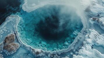 ai généré aérien vue de bleu trou entouré par la glace photo