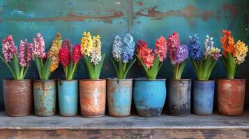 ai généré rangée de fleur des pots sur en bois étagère photo