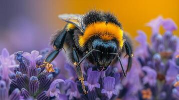 ai généré Jaune et noir abeille sur violet fleur photo