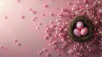 ai généré nid de des œufs sur rose fleurs photo