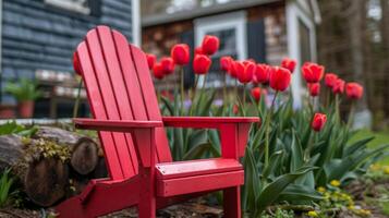 ai généré rouge chaise dans de face de fleurs photo