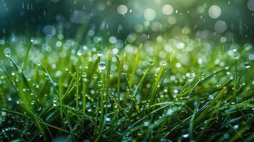 ai généré brillant l'eau gouttelettes sur vert herbe photo