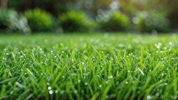 ai généré couvert de rosée herbe proche en haut photo