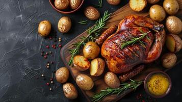 ai généré en bois Coupe planche avec Viande et patates photo