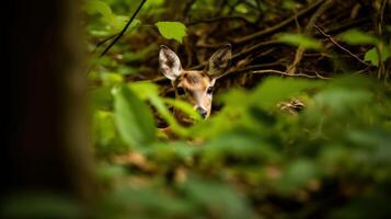 ai généré une petit cerf est furtivement en dehors de le les bois. génératif ai photo