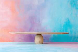 ai généré équilibrage en bois planche sur une Célibataire pierre contre une coloré pastel toile de fond, podium photo