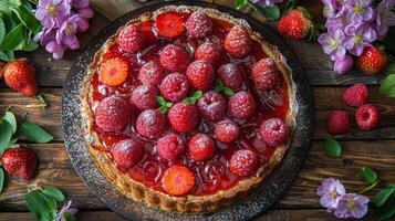 ai généré gâteau avec framboises et menthe photo