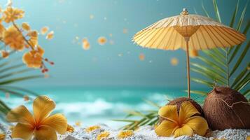 ai généré plage scène avec Jaune parapluie et deux noix de coco photo