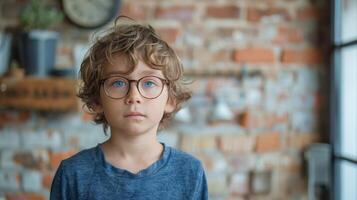 ai généré Jeune garçon dans des lunettes par brique mur photo